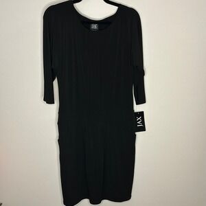 JAX Black Midi Dress Pull On Pockets 3/4 Sleeve Pleated Front Womens Size 4 NWT